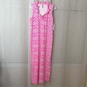 Lulu B S White Pink Heart Floral Sleeveless Ruffle Neck Maxi Cooling Dress UPF50